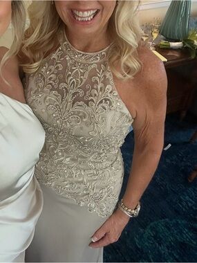 Rina di Montella Floor-Length Halter Gown in champagne beige RD2755